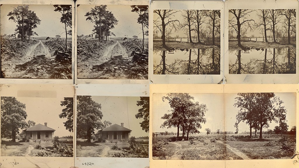 Four images produced with the prompt “Stereoview” in Midjourney, June 2024.